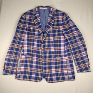Tallia Orange 44L Linen Sport Coat Blue Plaid Blazer Mens Large Preppy